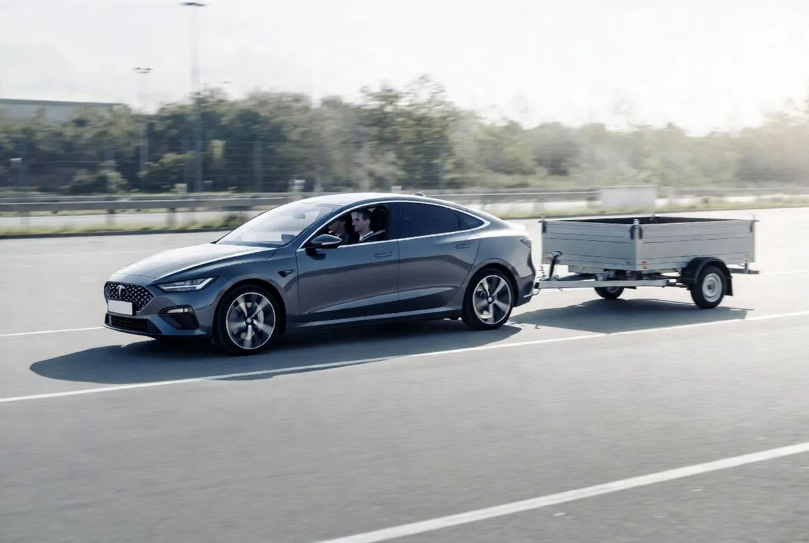 Personenauto met aanhanger op de weg