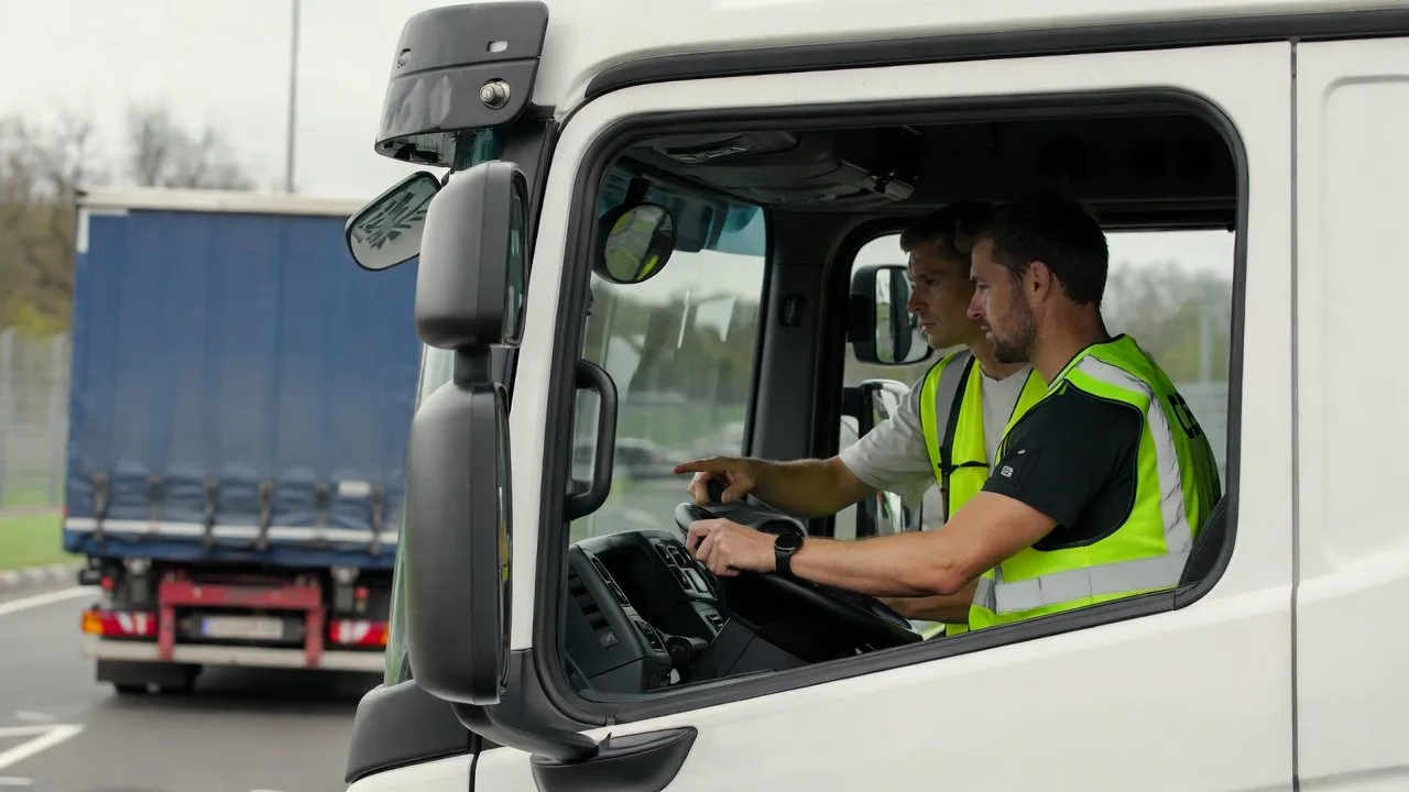 Chauffeur in hesje in de cabine van een vrachtwagen