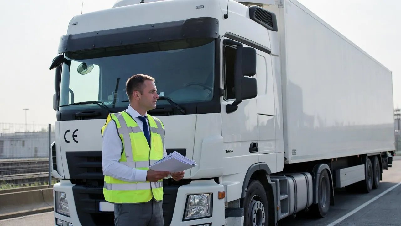 Instructeur met klembord naast een vrachtwagen op het oefenterrein