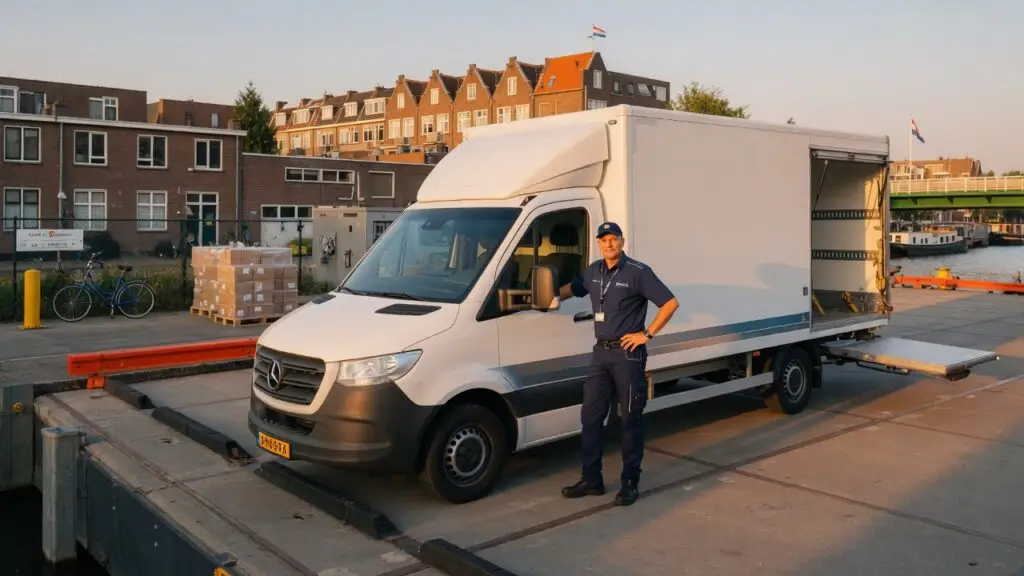Chauffeur naast een kleine vrachtwagen met rijbewijs C1